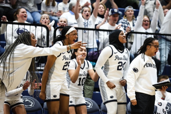 The Women's Basketball bench erupts against Rutgers