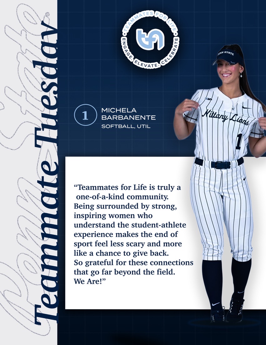 Teammate Tuesday: #1 Michela Barbanente, Softball, UTIL. Quote: “Teammates for Life is truly a one-of-a-kind community. Being surrounded by strong, inspiring women who understand the student-athlete experience makes the end of sport feel less scary and more like a chance to give back. So grateful for these connections that go far beyond the field. We Are!”